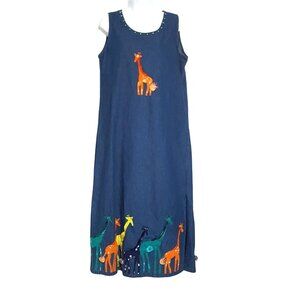 Vintage Denim Maxi Dress & Jacket L Appliqued Giraffes Blue Jungle Animals